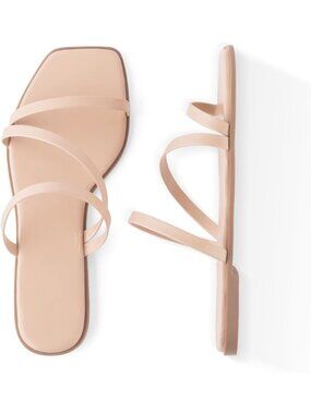🆕 Women's Beige Nude Strappy Flat Slide Sandals Square Open Toe Asymmetric